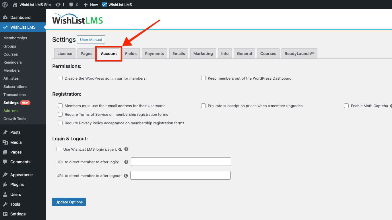 Account tab in WishList LMS