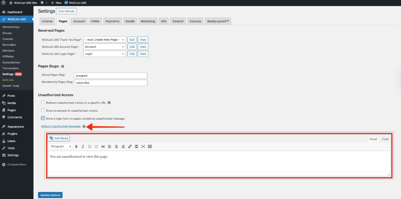 Customize default unauthorized message