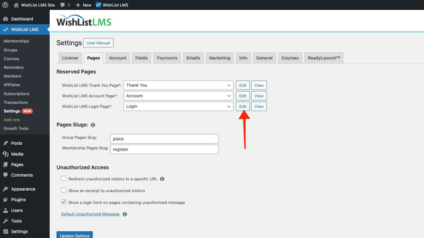 Edit login page from WishList LMS Settings