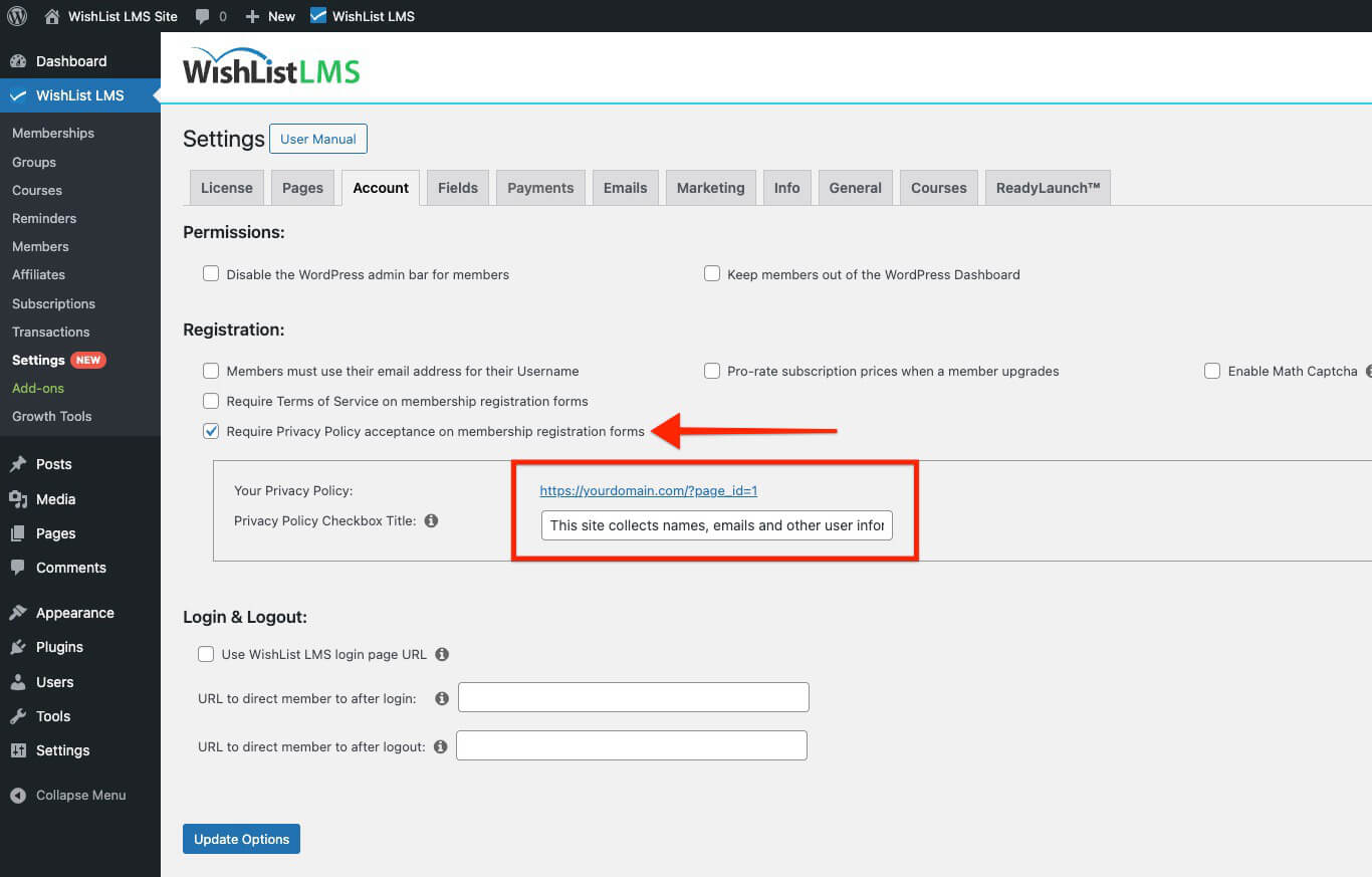 Privacy policy in Account tab