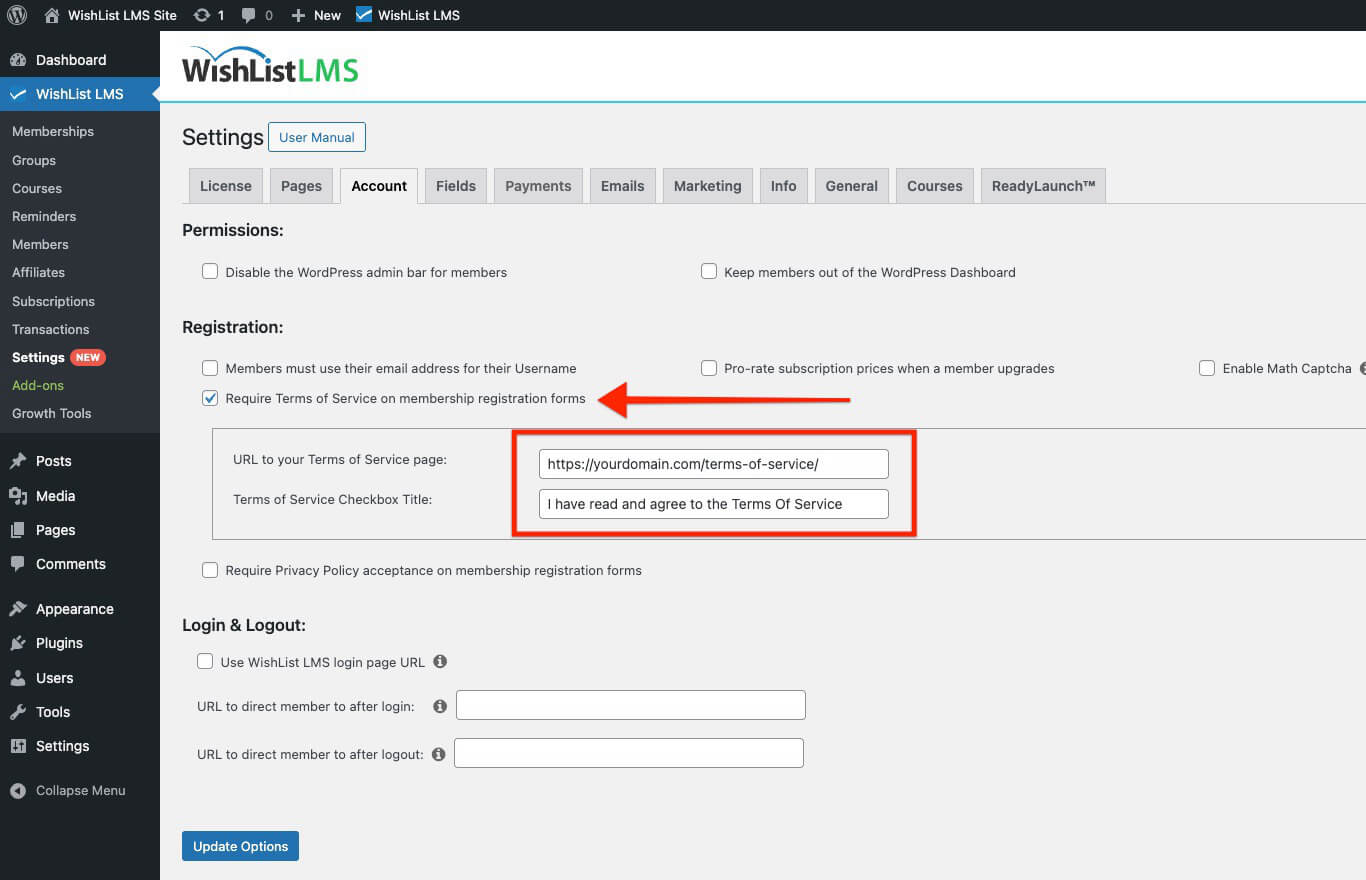 Terms of service in Account tab
