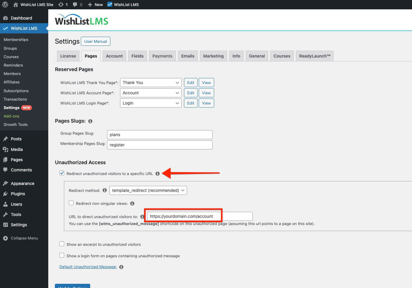 Redirect unauthorized visitors to a URL