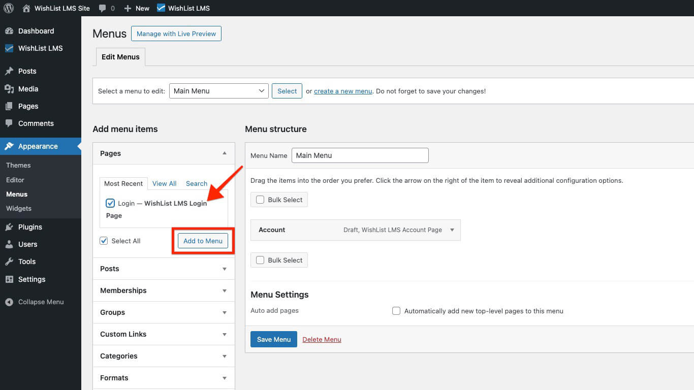 Select login page and add to menu