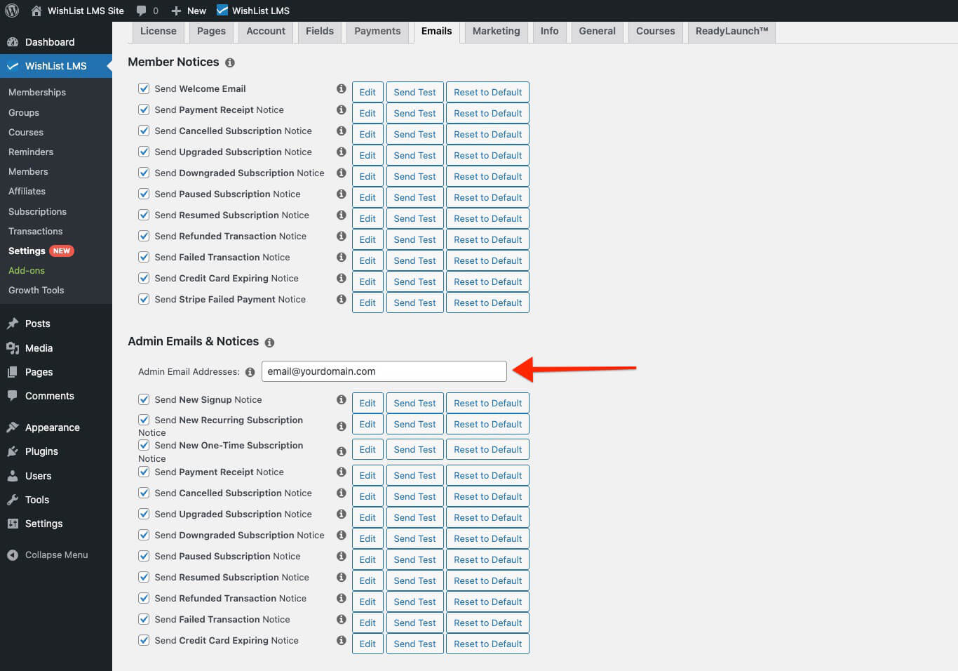 Admin email addresses