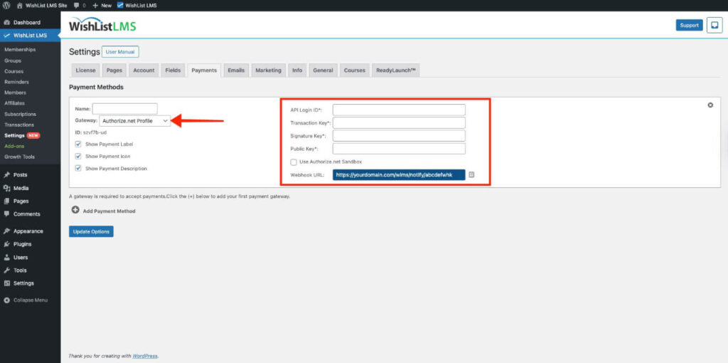 Authorize.net payment method