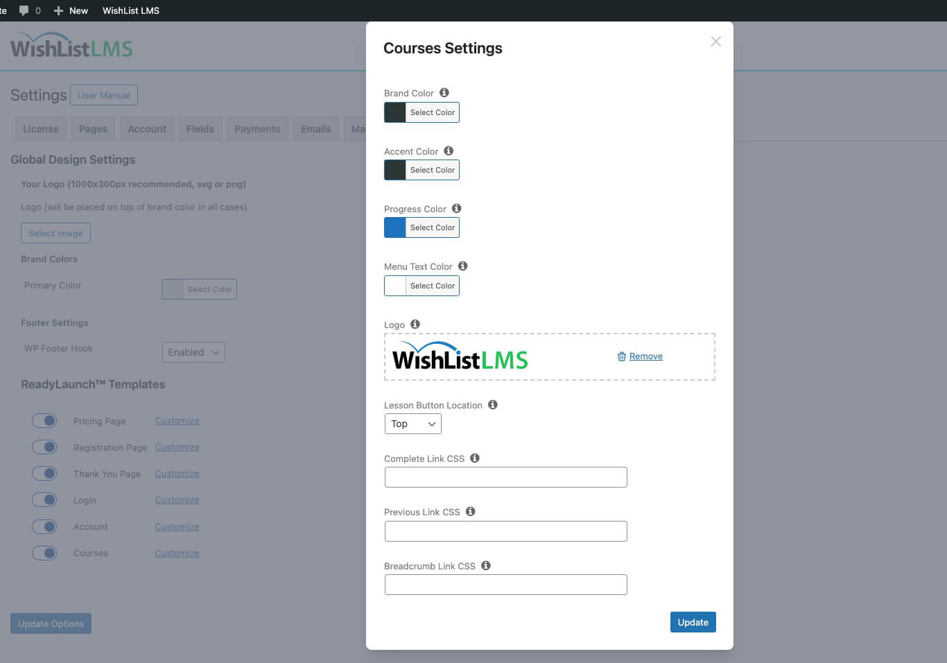 Courses settings popup