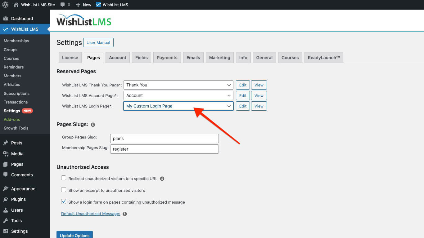 Select custom login page
