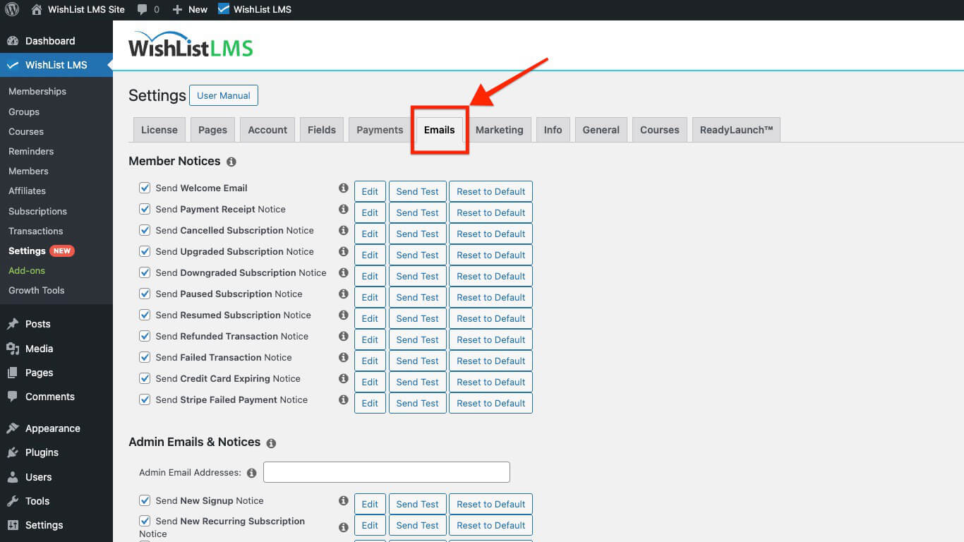 WishList LMS Emails tab