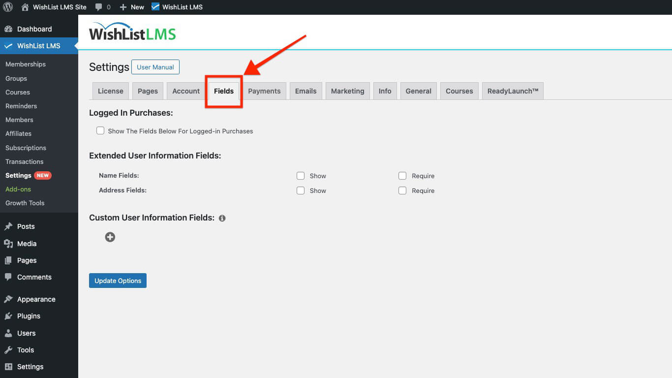 Fields tab in WishList LMS