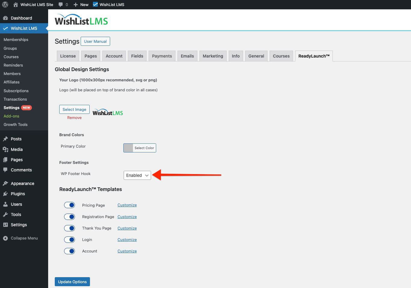 WP Footer Hook enabled