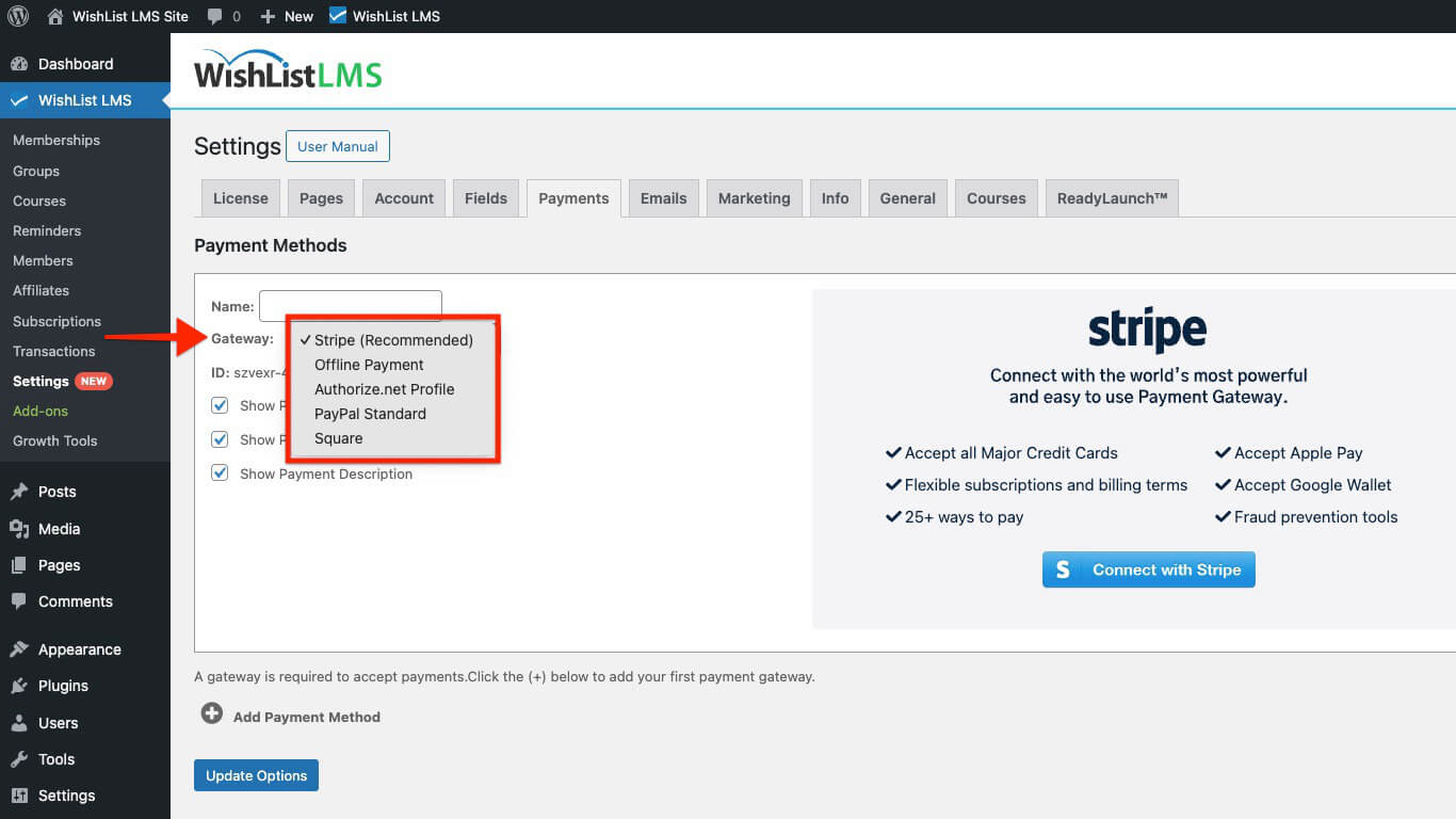 Available payment gateways