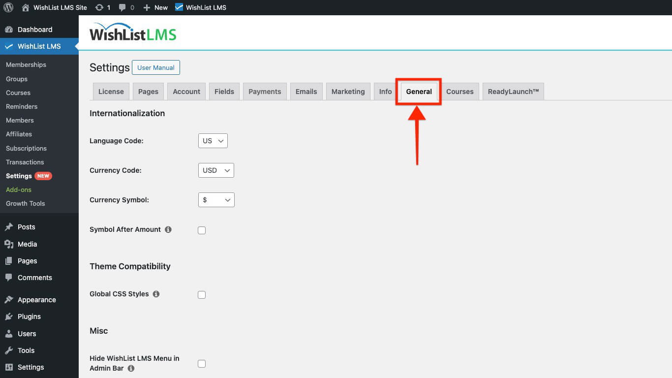 Pestaña General en WishList LMS