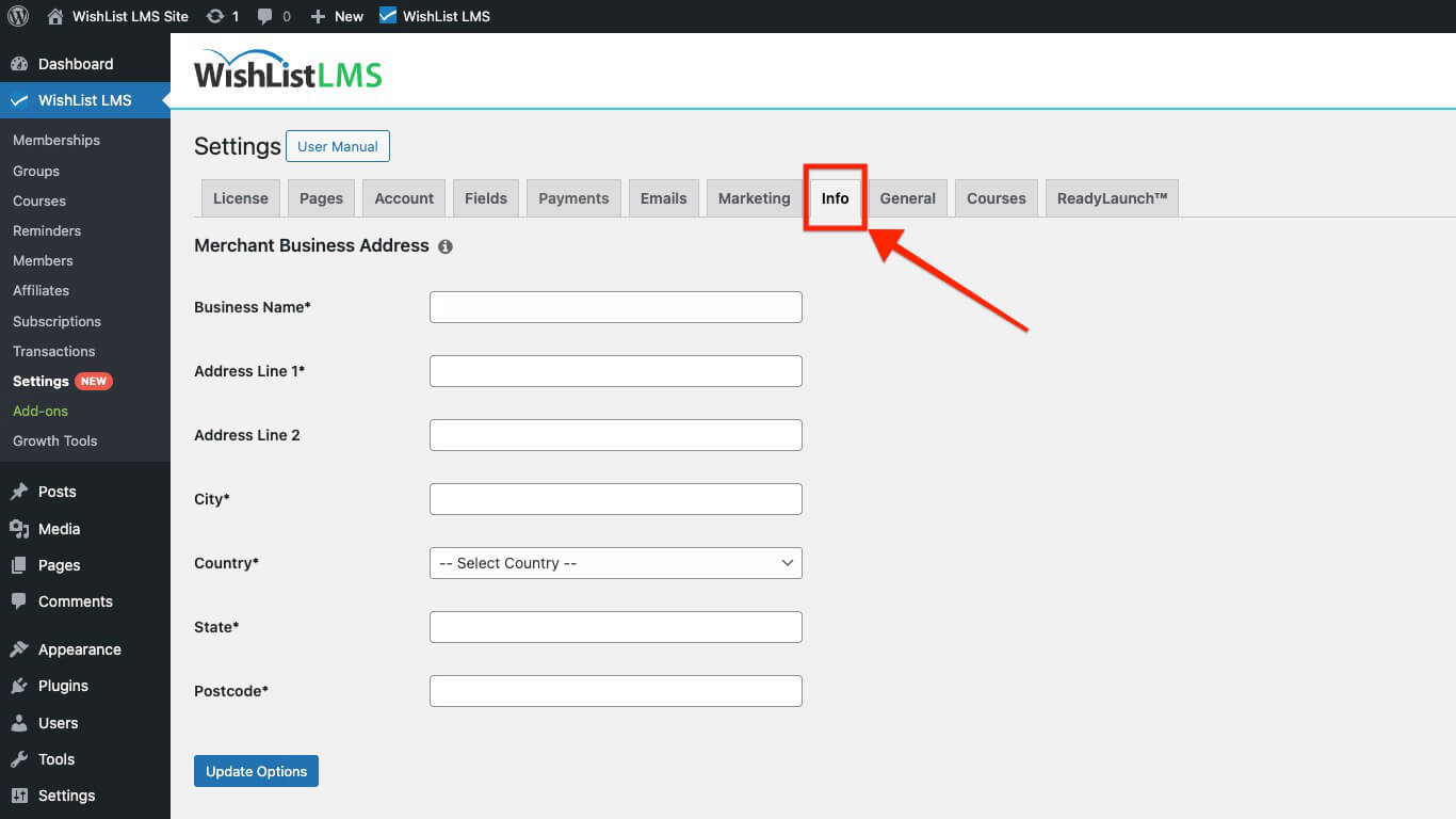 Pestaña de información en WishList LMS