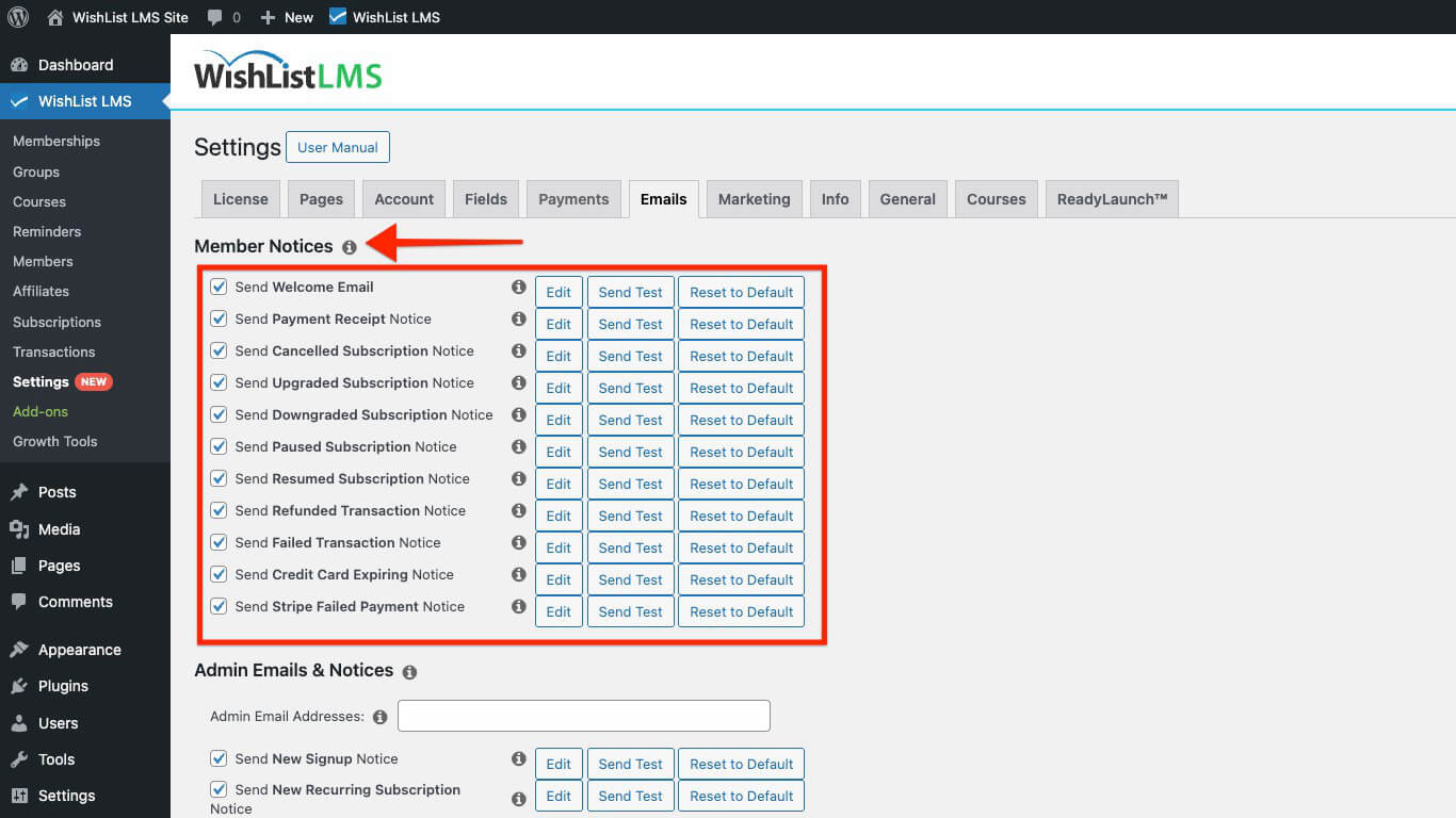 WishList LMS member notices