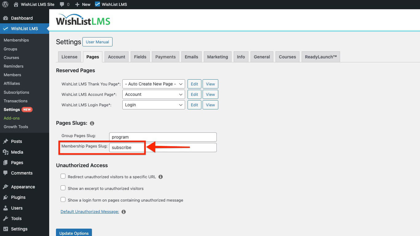 Membership page slug