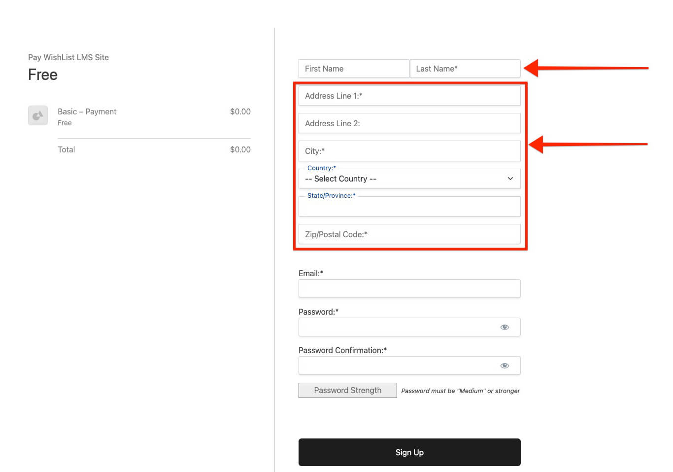 Name and address fields on signup form