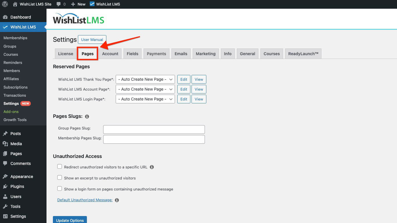 Pages tab in WishList LMS Settings