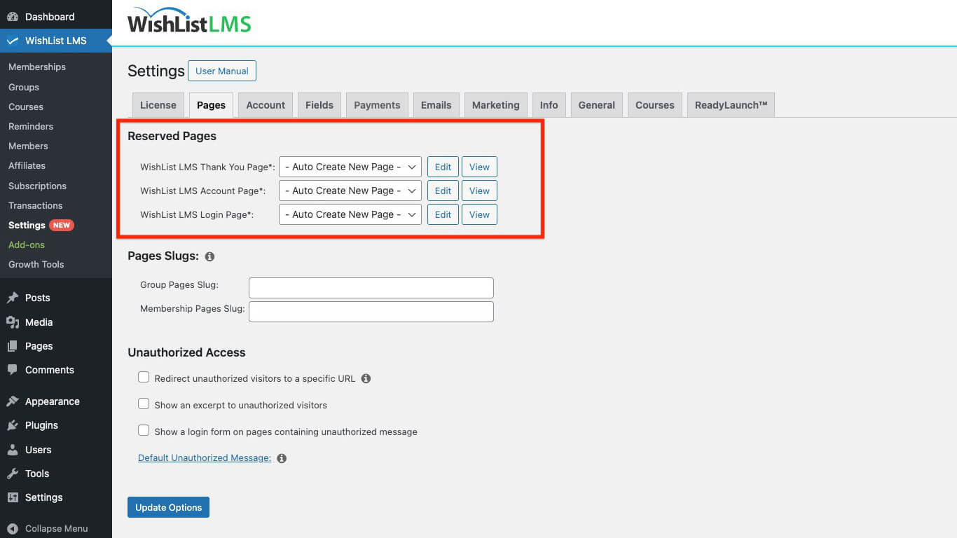 Reserved Pages section on Pages tab