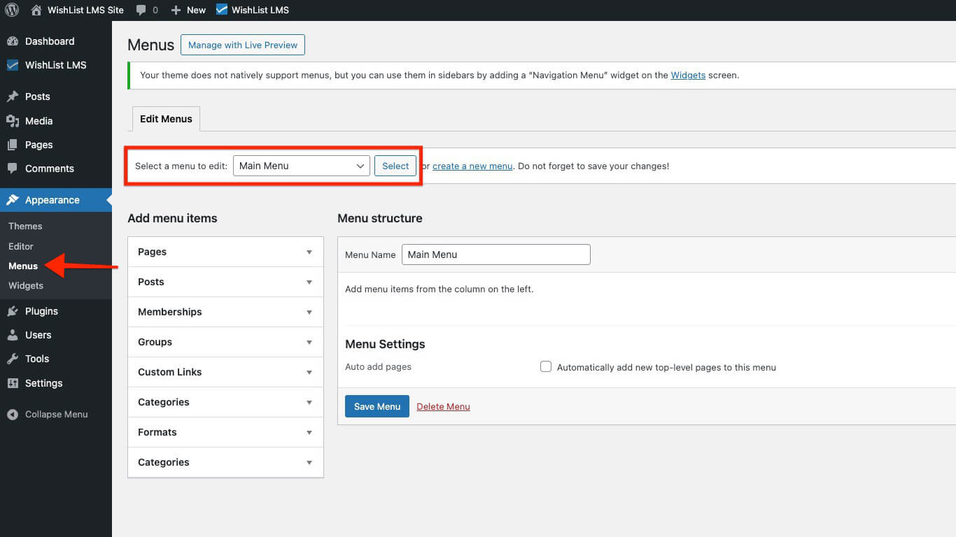 Select primary menu in WordPress settings