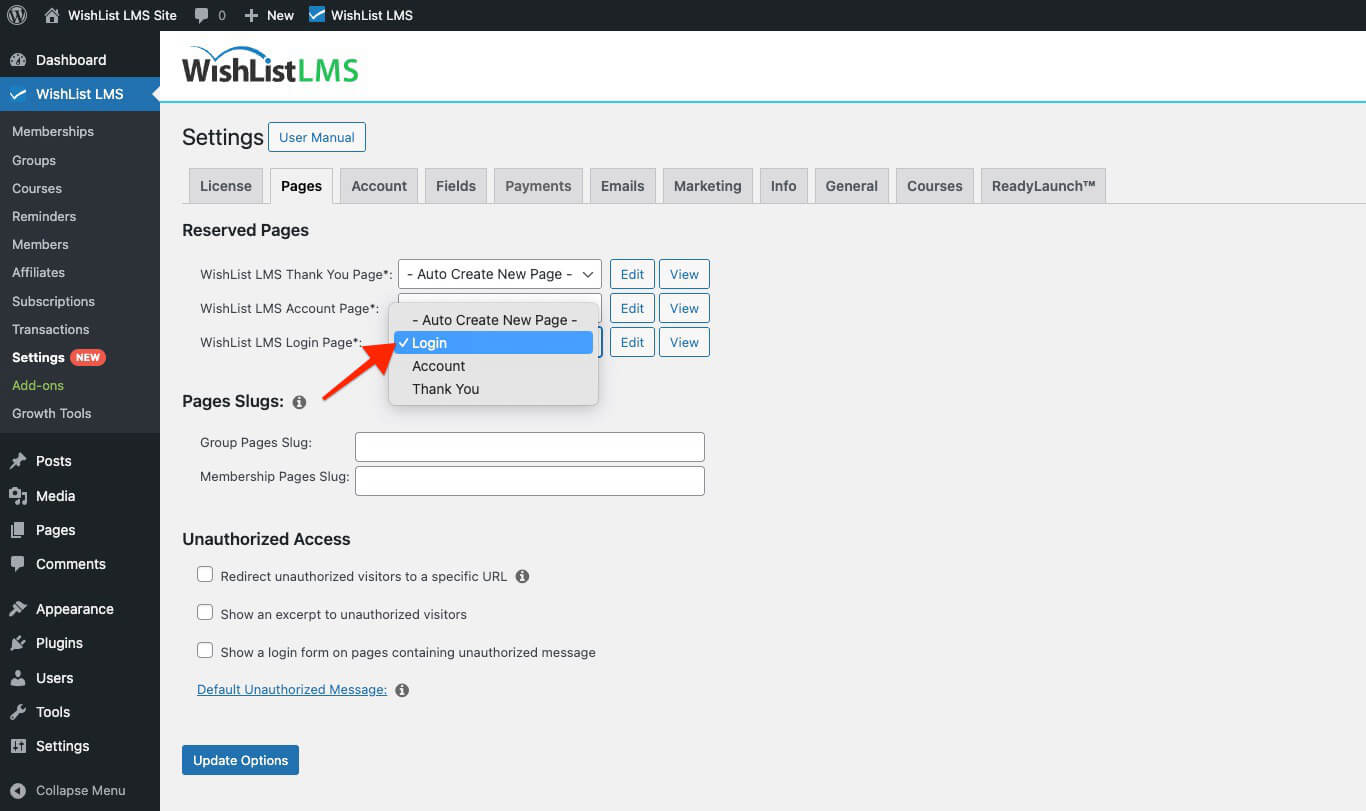 Select an existing page as login page