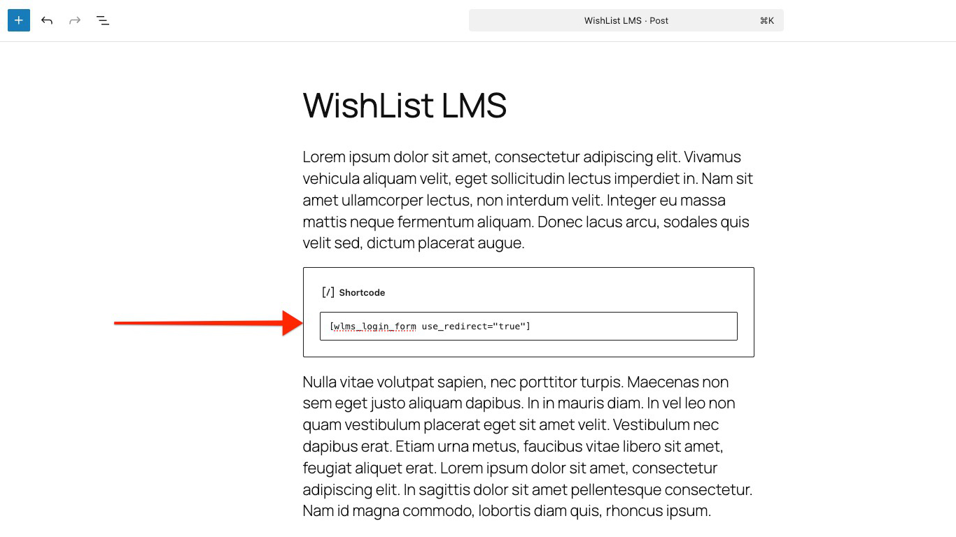 WishList LMS login form shortcode on post