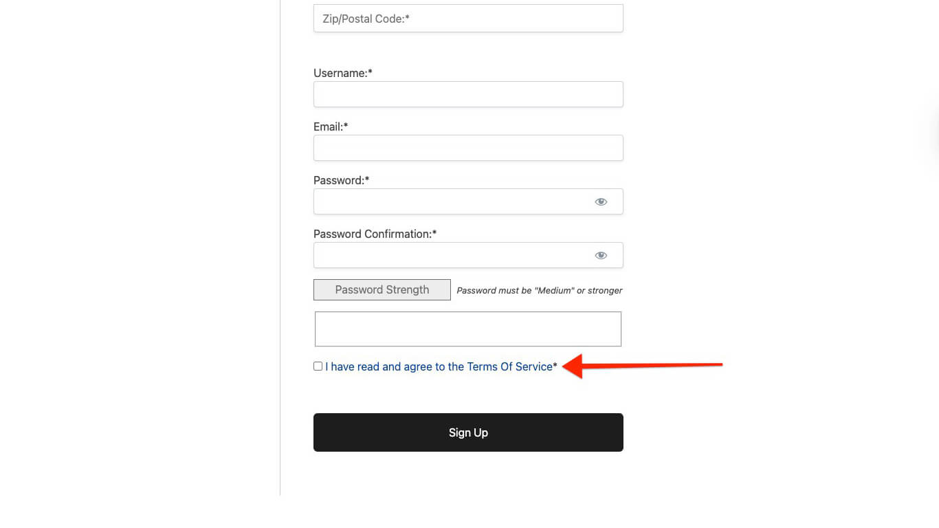 Terms of service preview on checkout page