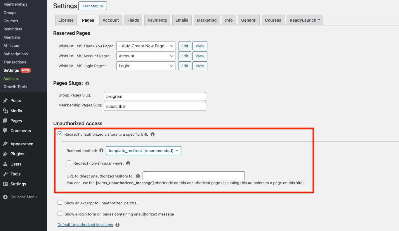 Redirect unauthorized visitors