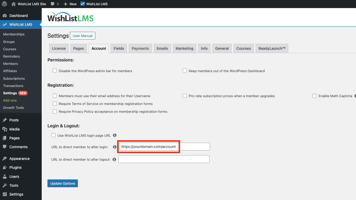 URL to direct members after login