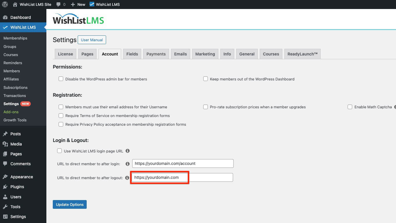 URL to direct members after logout