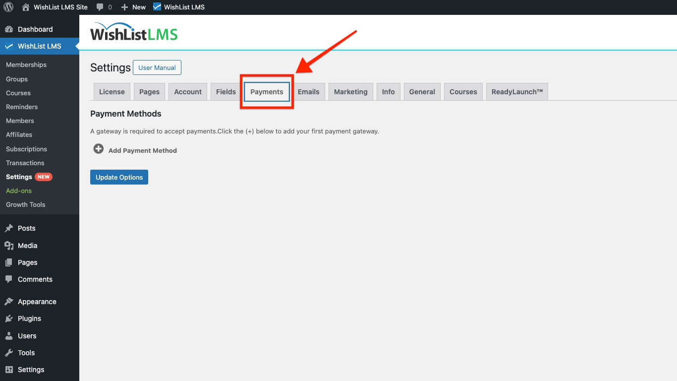 Payments tab in WishList LMS