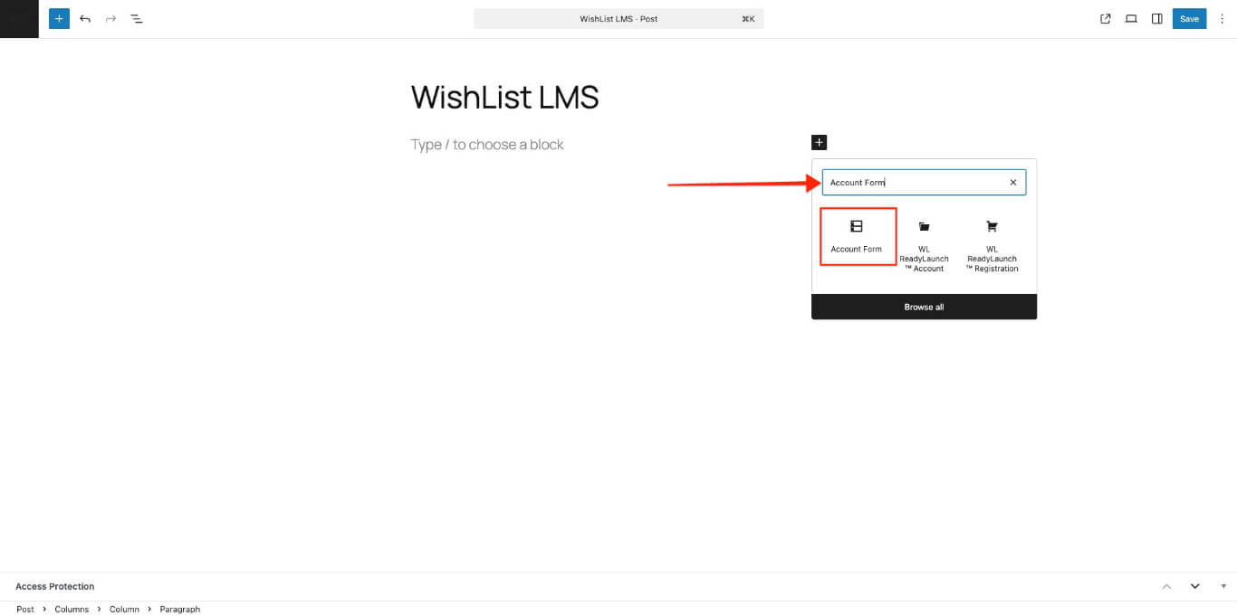 Formulario de cuenta Bloque Gutenberg