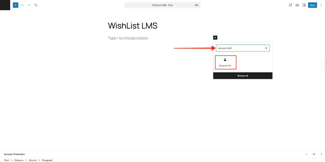 Información de la cuenta Bloque Gutenberg