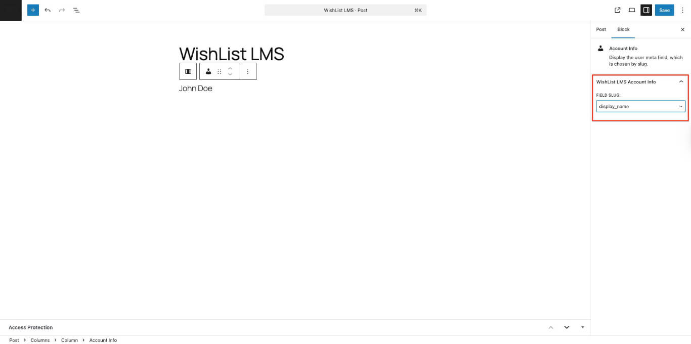 Bloque de información de la cuenta