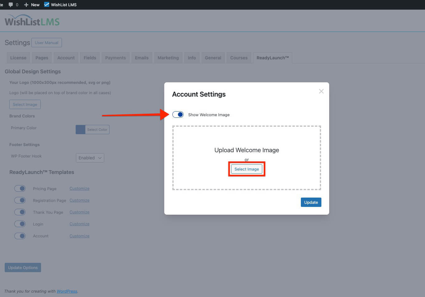 Account settings pop-up