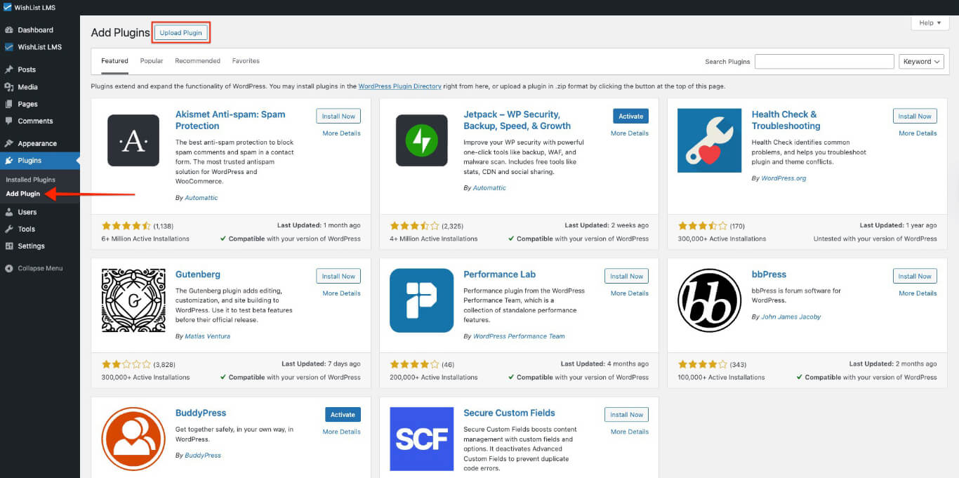 Add and upload WishList LMS plugin