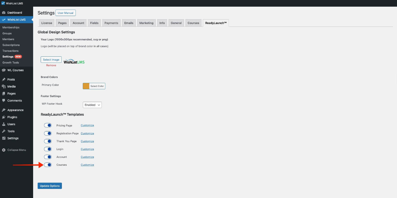 WishList LMS Courses LaunchPad toggle