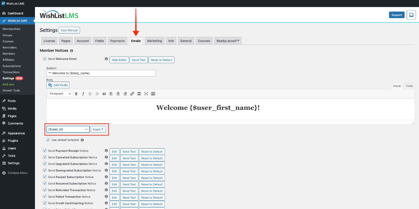 Email parameters in email tab