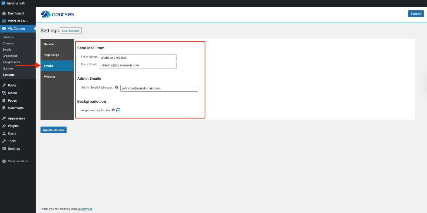 WishList LMS Courses Emails tab