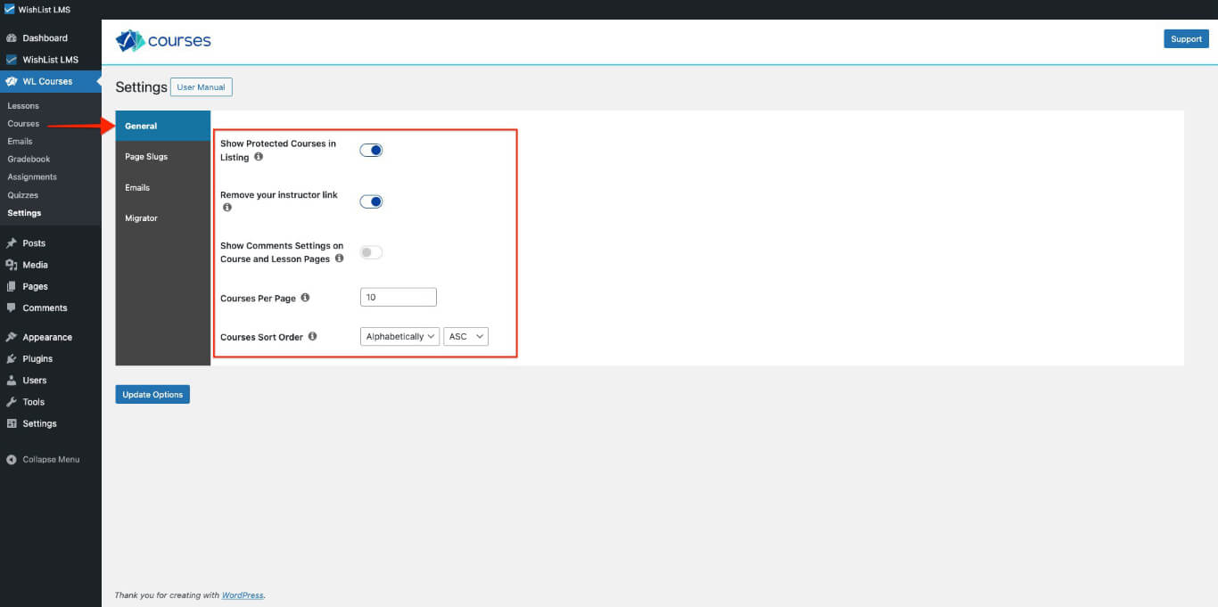 WishList LMS Courses General tab