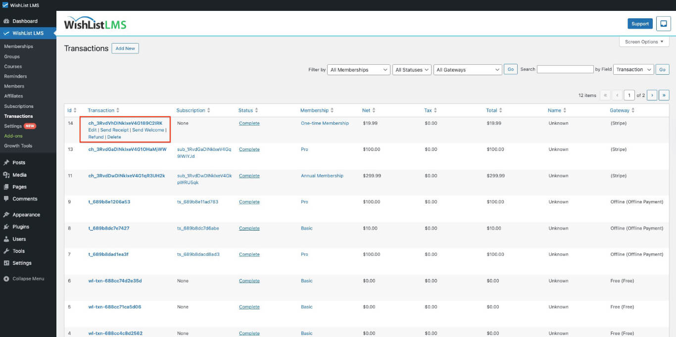 Hover over transactions