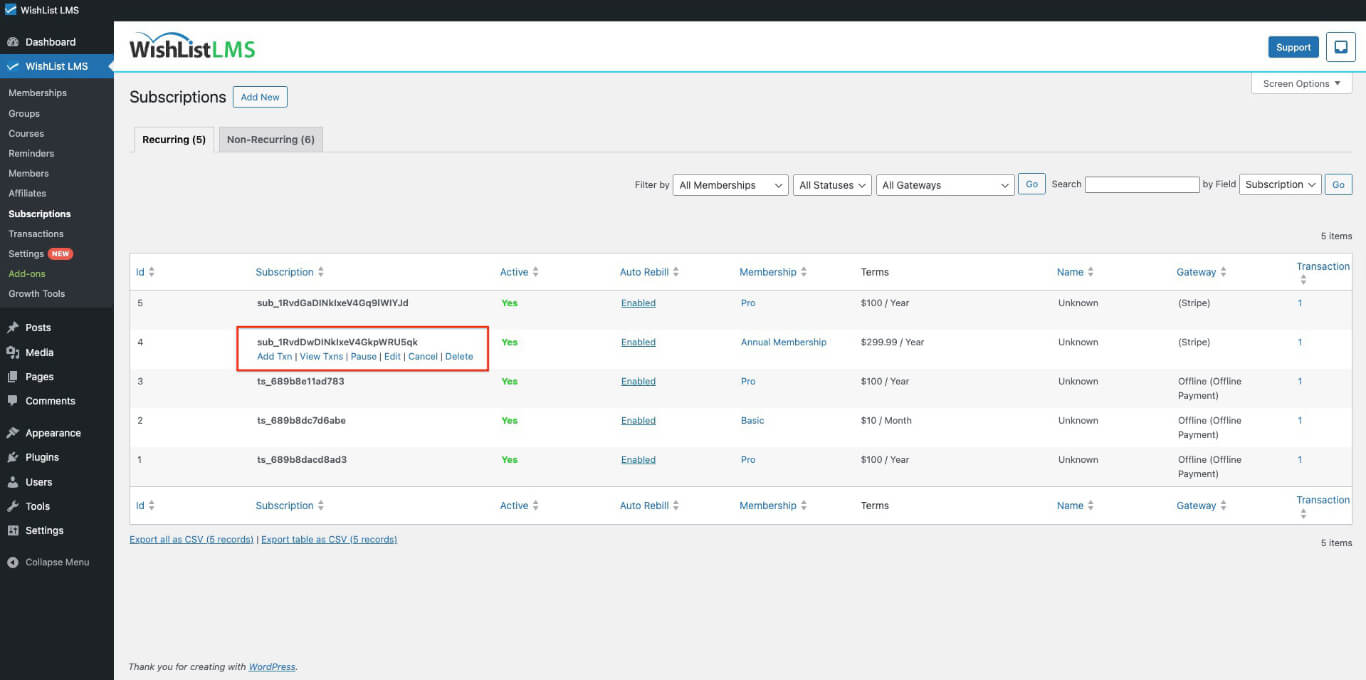 Hover over subscriptions ID