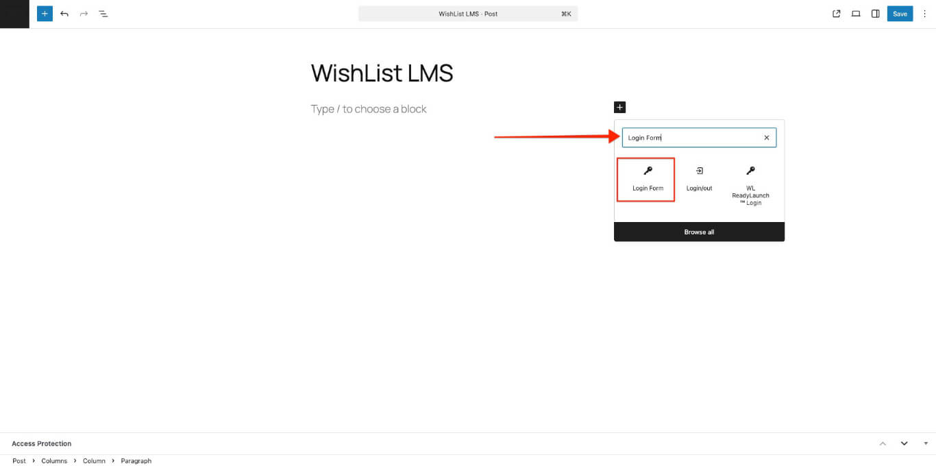 Formulario de inicio de sesión Bloque Gutenberg