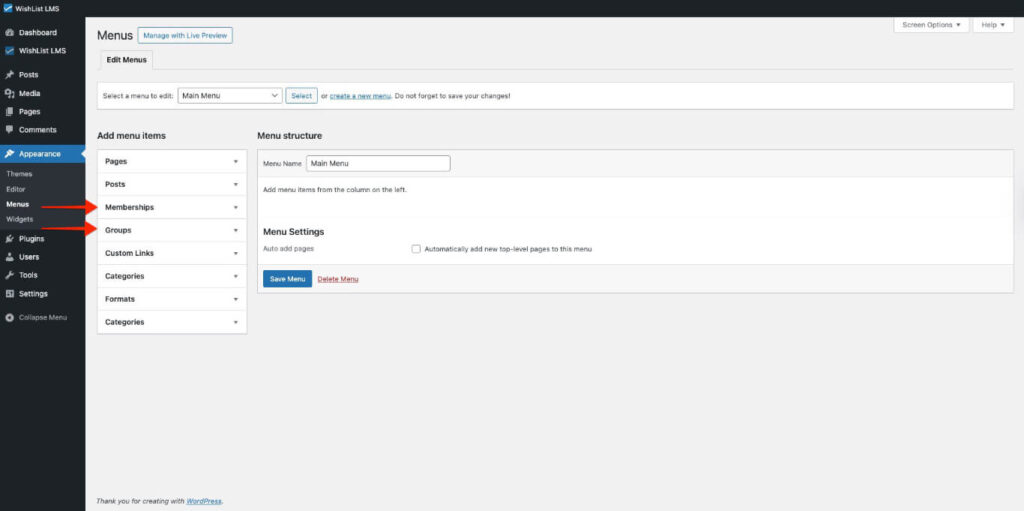 Memberships and Groups tab