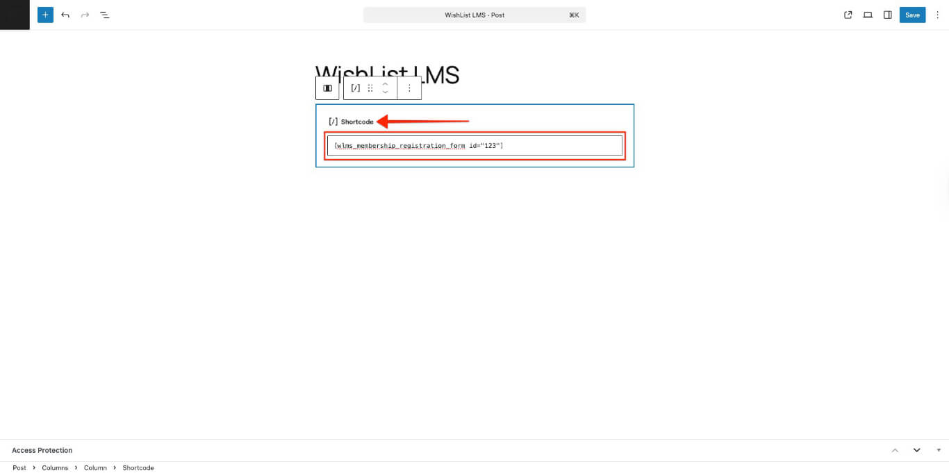 Shortcode membership registration pages