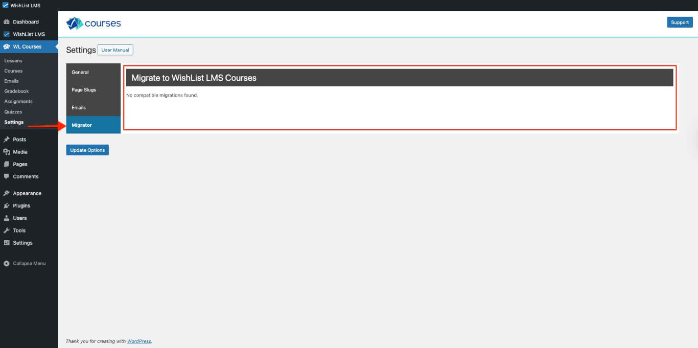 WishList LMS Courses Migrator tab