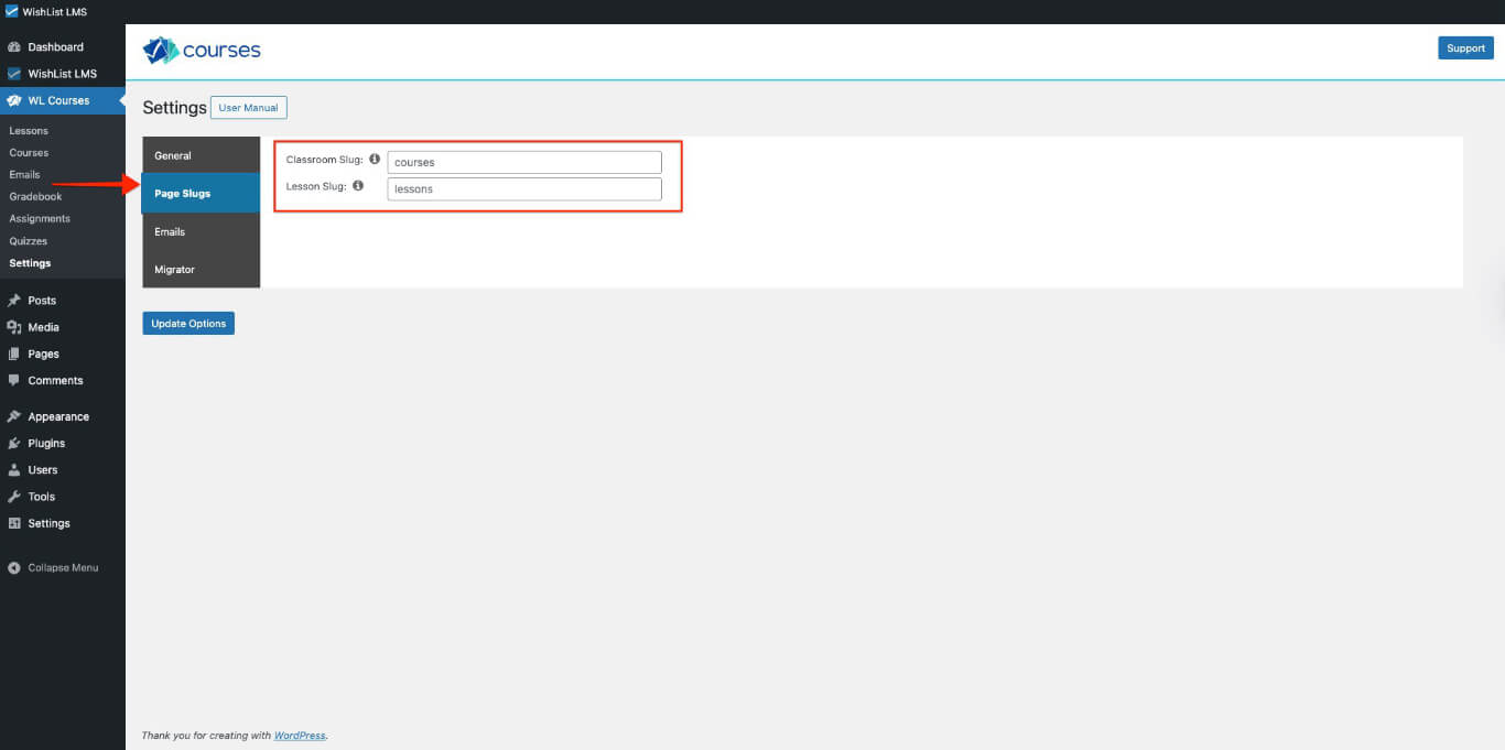 WishList LMS Courses Page Slugs