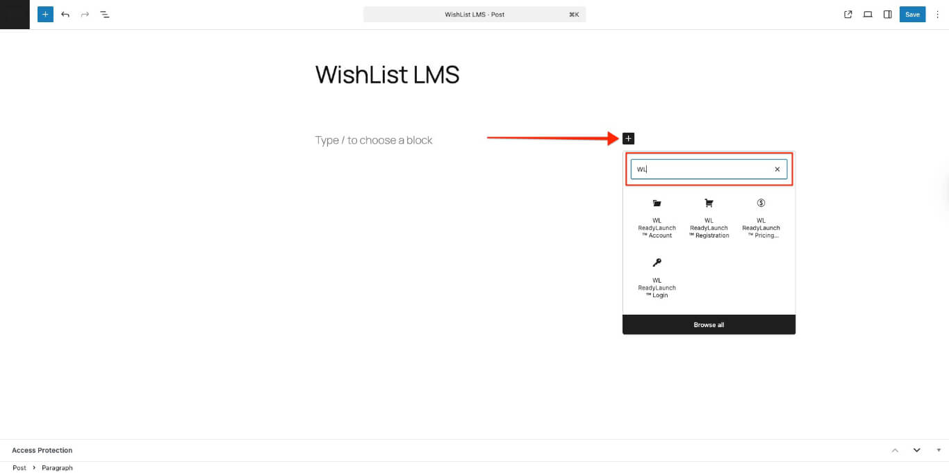 Búsqueda de bloques WishList Gutenberg
