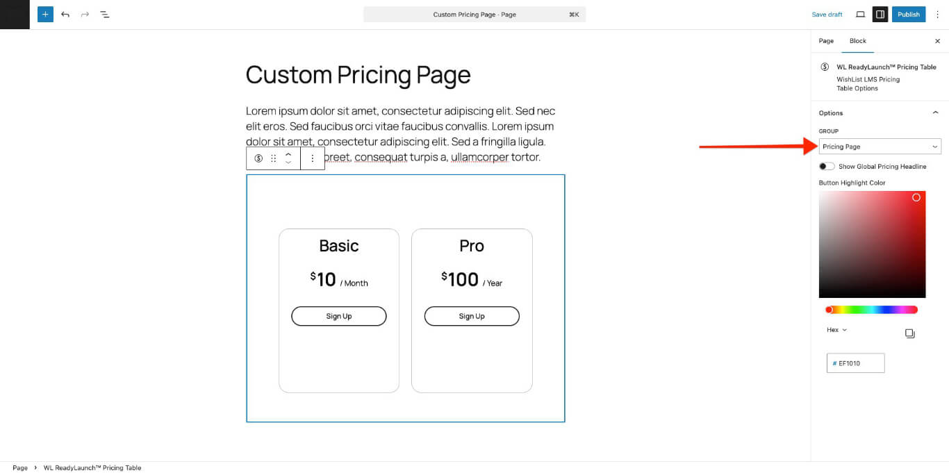 Pricing page group select