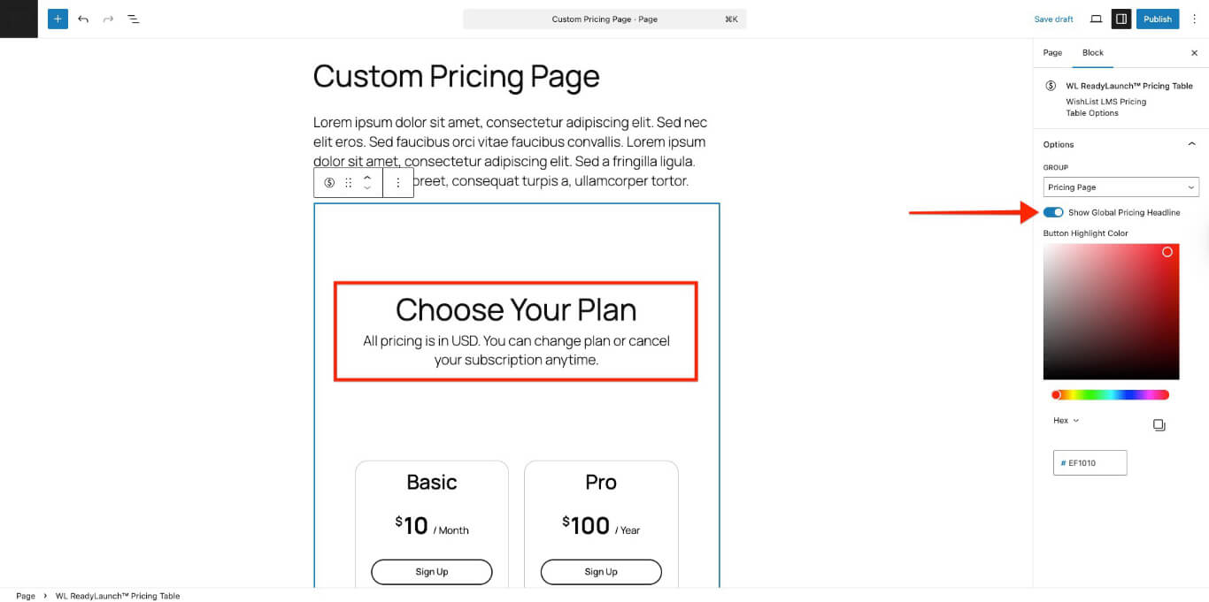 Custom pricing page headline