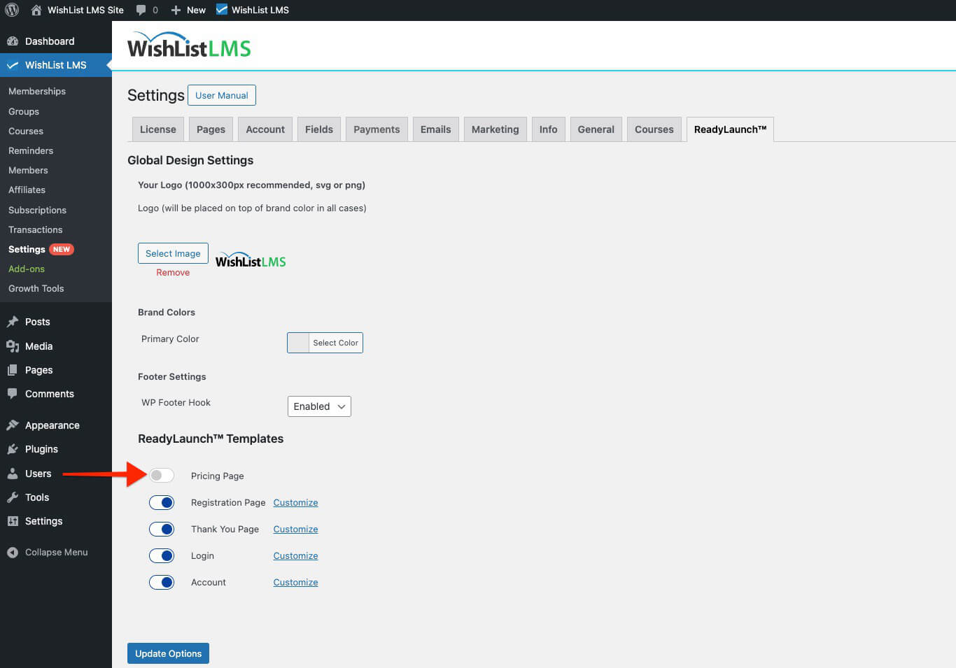 LaunchPad pricing page option disabled